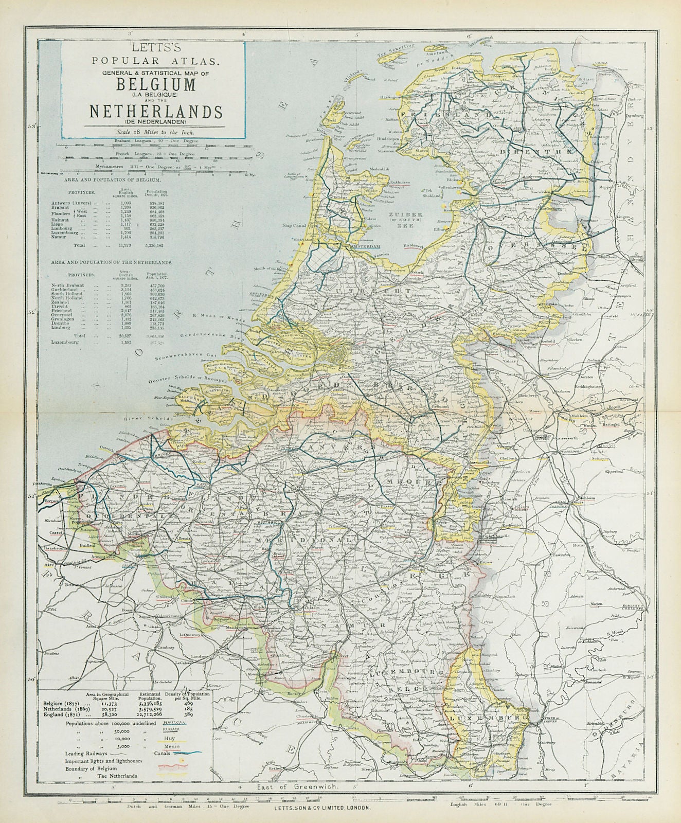 BENELUX. Netherland Belgium & Luxembourg. Lighthouses canals. LETTS 1883 map